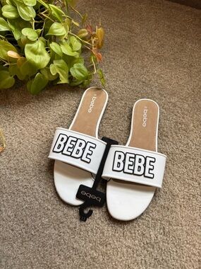 bebe White Slide Sandals with Bold Logo Strap